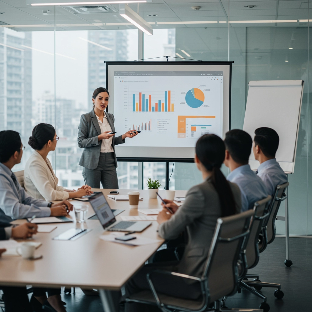 A confident businesswoman in professional attire—tailored blazer and slacks—stands at the front of a modern conference room, giving a presentation to a seated team. She gestures toward a large screen behind her displaying a colorful slide with charts and bullet points.
