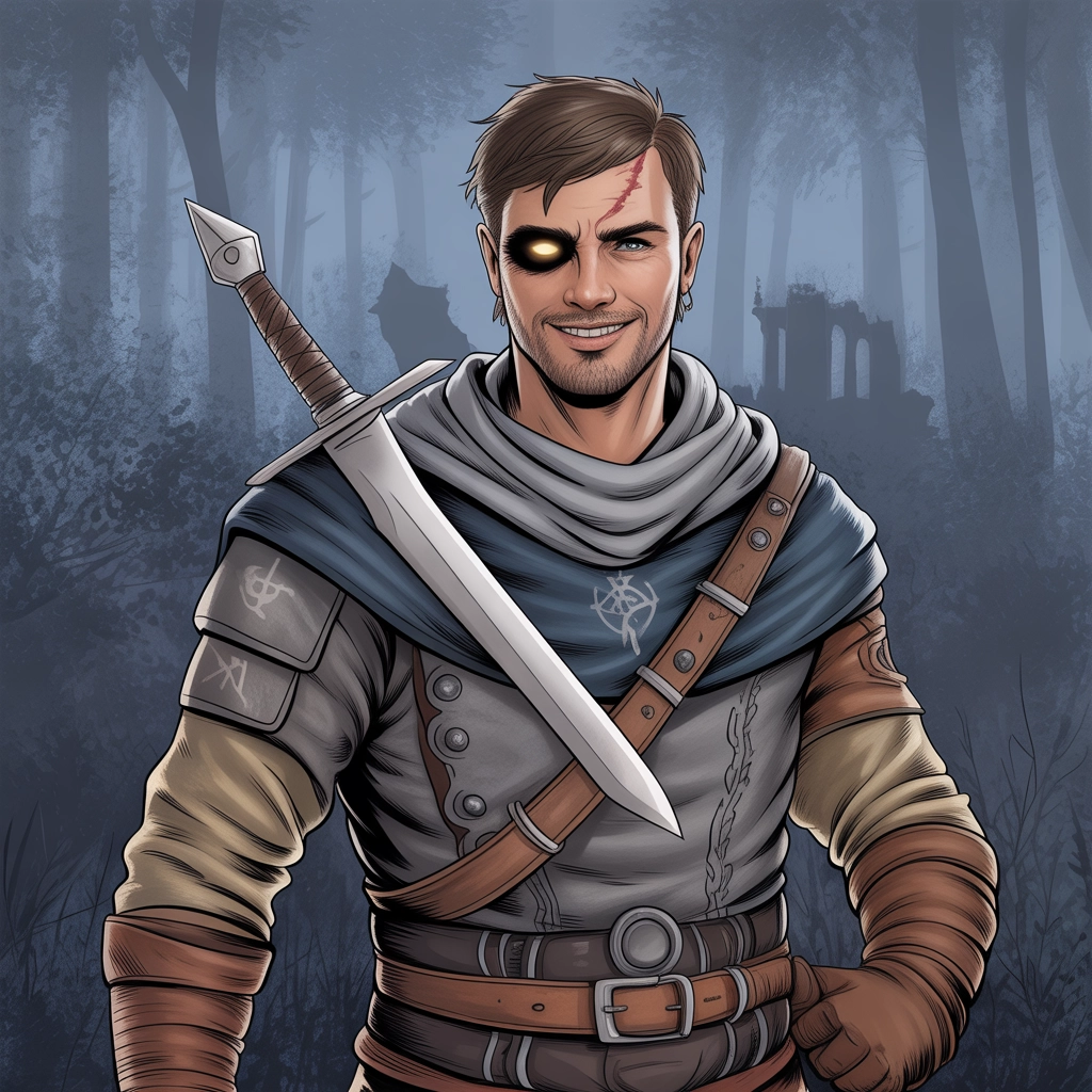 A stylized character portrait of a rogue warrior from a fantasy realm, shown from the waist up with a confident, enigmatic smirk.