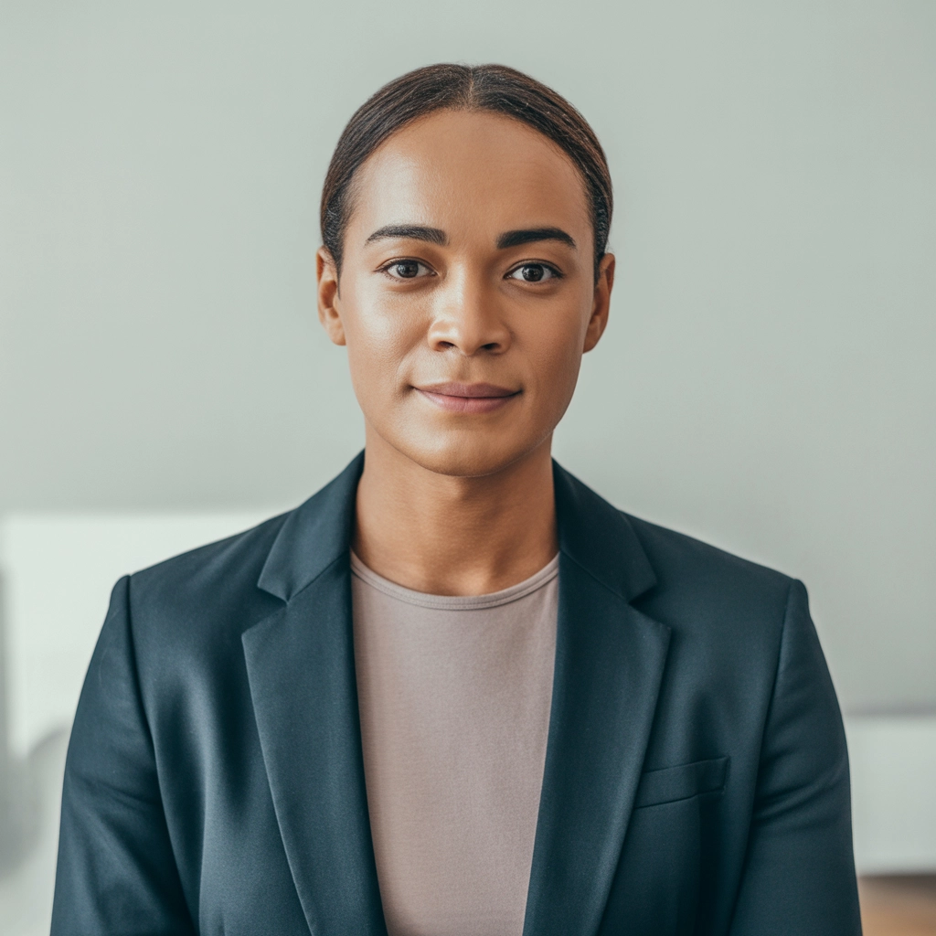 A crisp, professional LinkedIn headshot of a confident woman in business-casual attire—such as a smart blazer over a plain shirt—posed against a clean with neutral background (light gray or soft white).