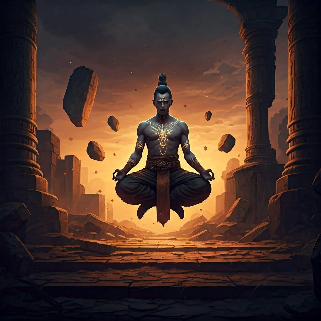 AI generated image of a monk game character levitating.