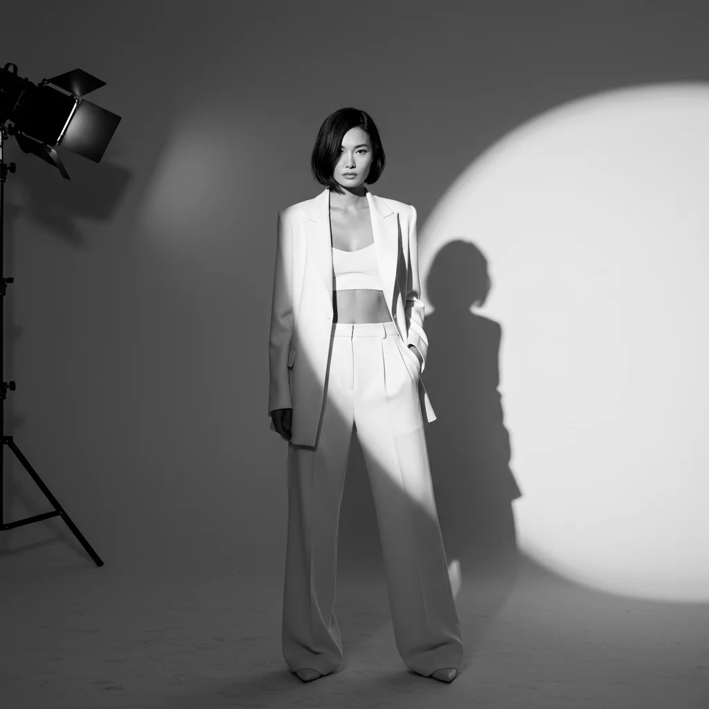 Black and white full-body photo of model during photoshoot